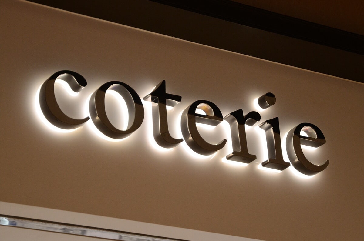 Mirror polished stainless steel backlit letters with strong white halo for luxury branding